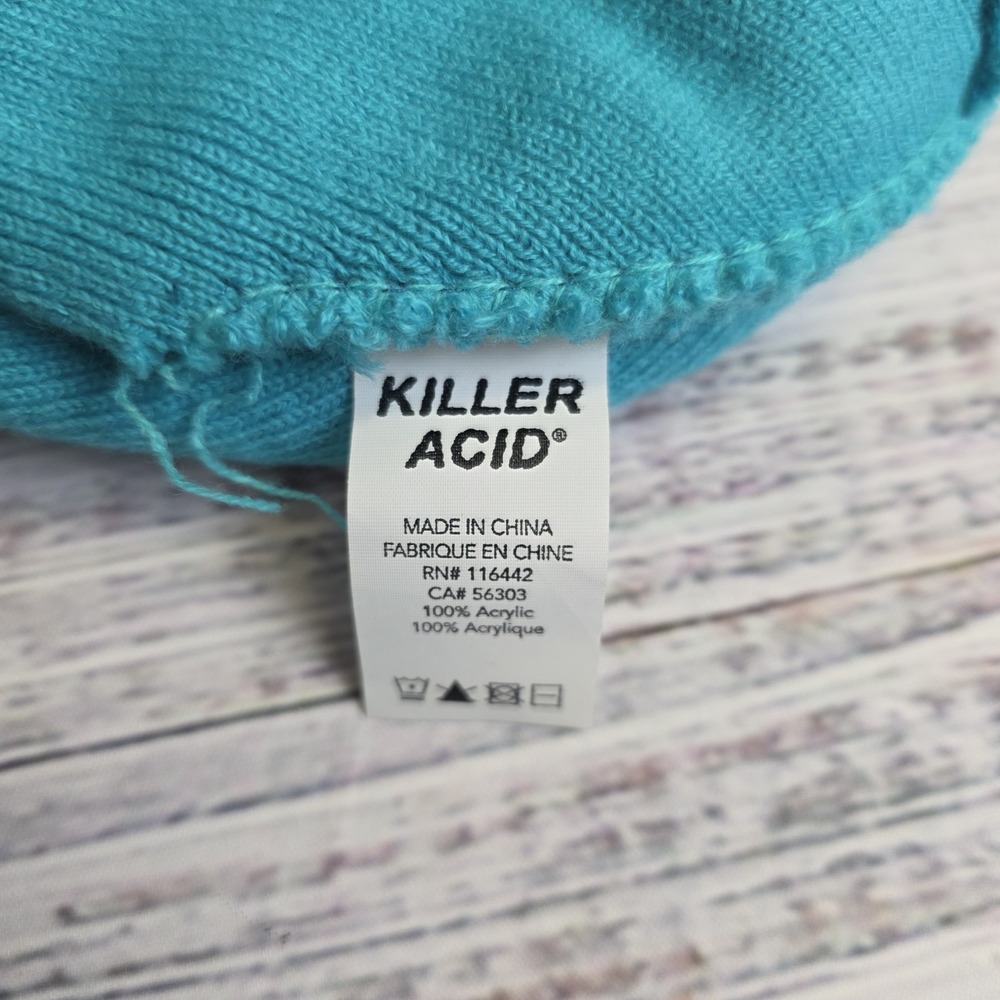 Killer Acid Worldwide Acrylic Beanie Hat Teal Embroidered Pink Yellow One Size - Picture 3 of 5